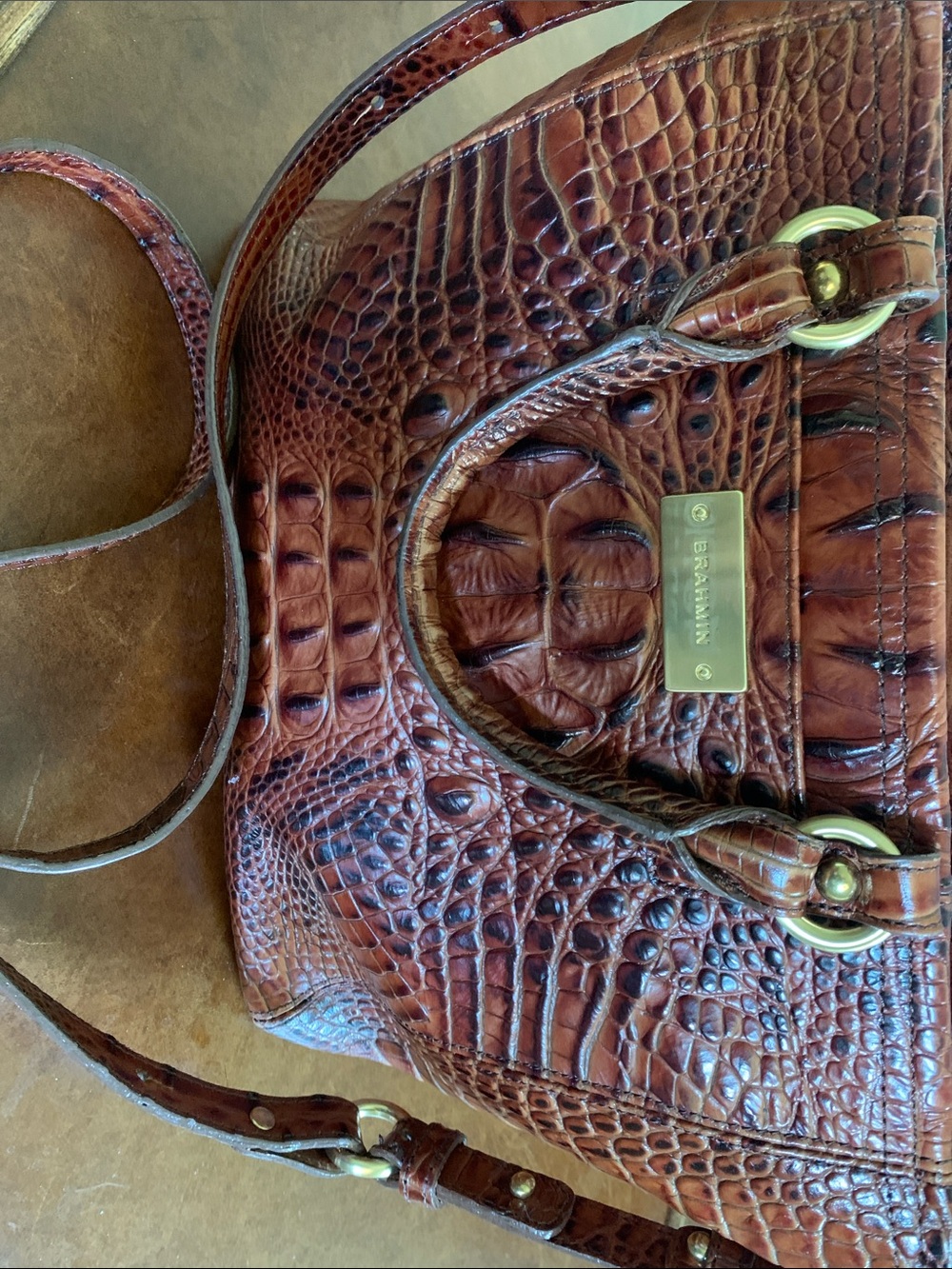 Brahmin Cognac Croc-Embossed Leather Shoulder Bag